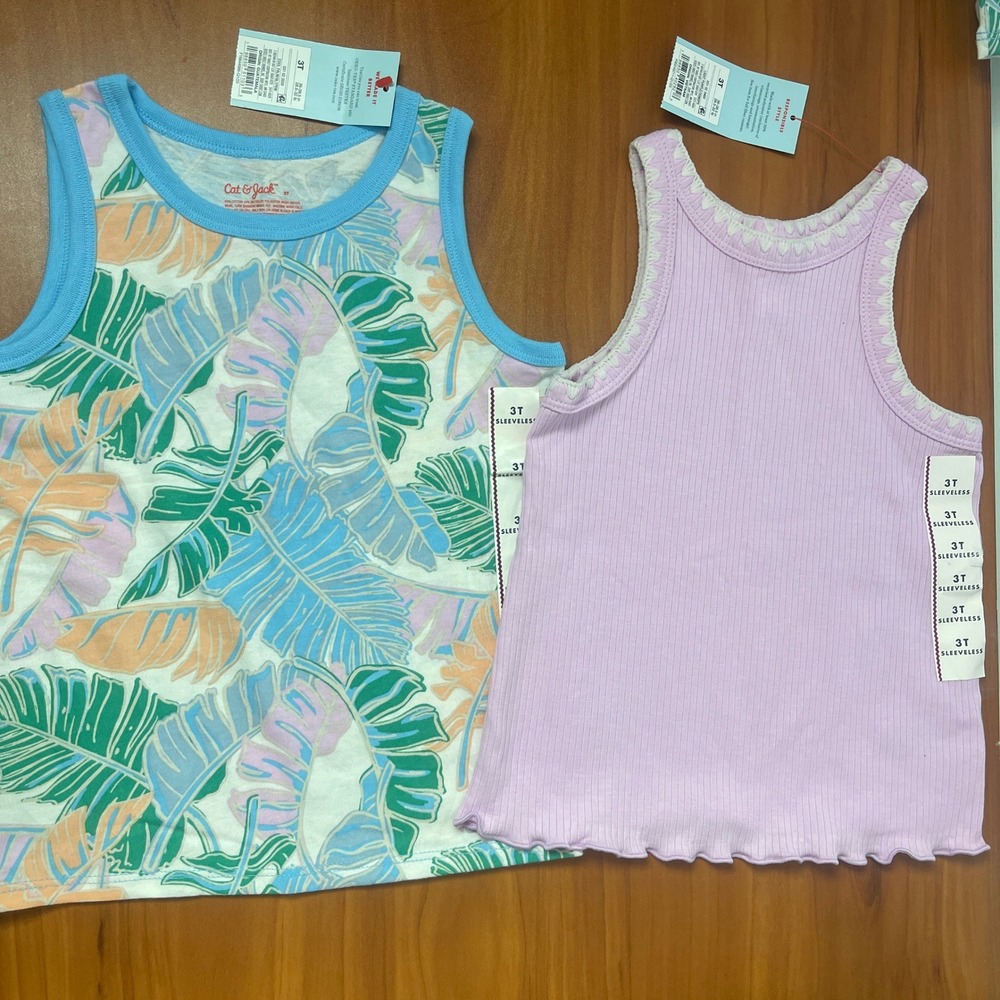 Lot of 2 Cat & Jack Toddler Girls 3T Tank Top Tropical Palm & Purple Ribbed NWT